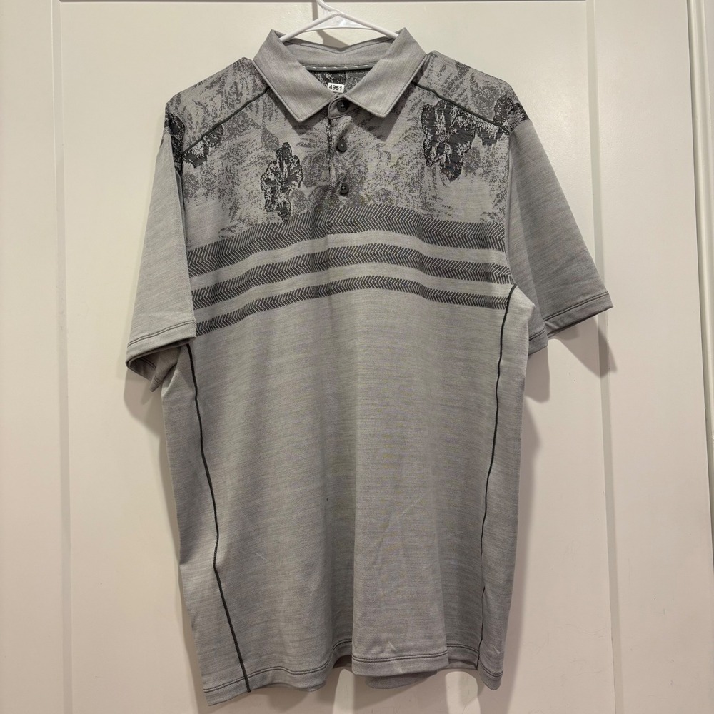 Tommy Bahama IslandZone Mens Medium Grey Floral Chevron Stripe Polo Shirt